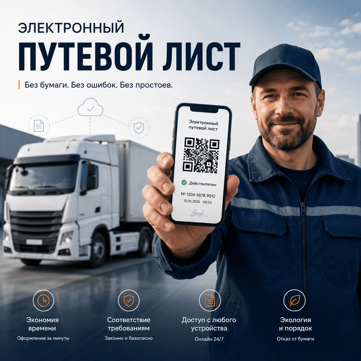 Электронный путевой лист с QR-кодом на экране телефона у водителя грузовика